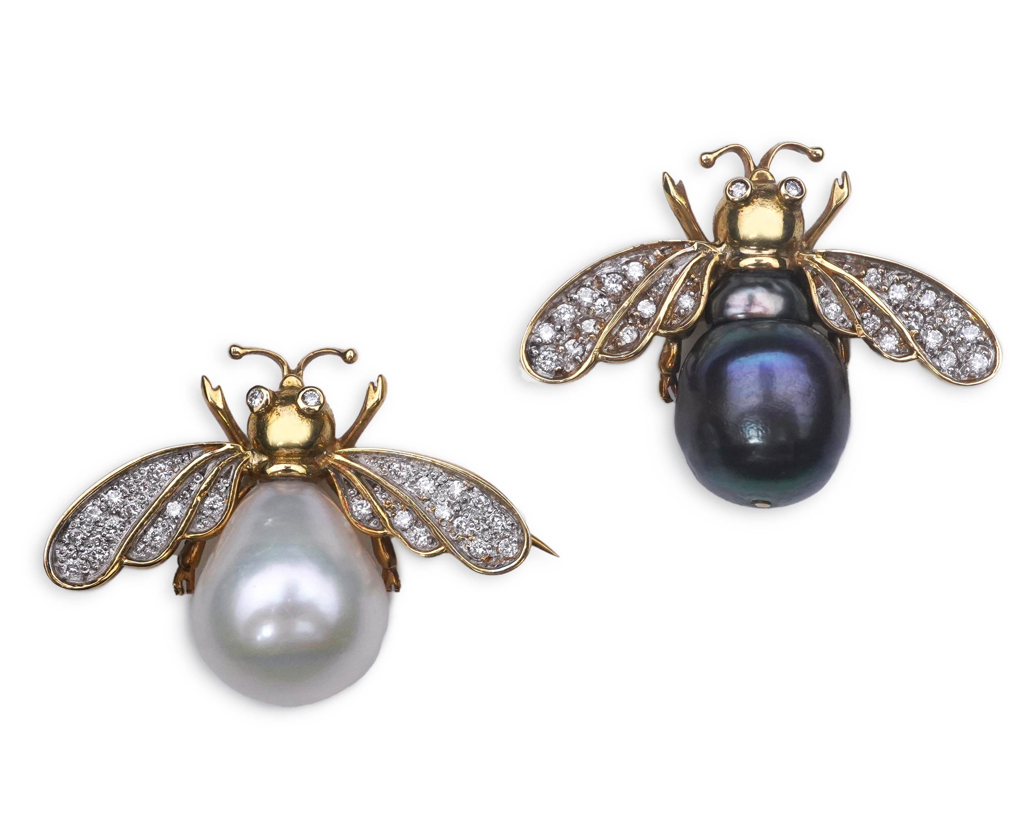 Deakin & Francis, a pair of 18ct gold, cultured pearl and diamond brooches